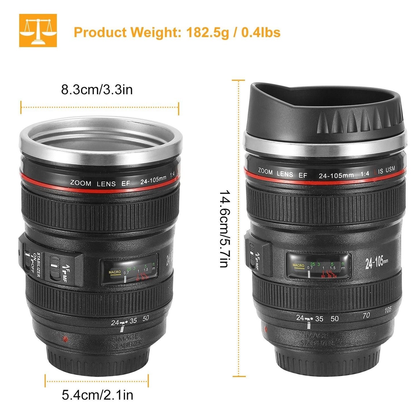 Camera Lens Coffee Mug Cup 13.6oz Food - Grade Stainless Steel Travel Photography Insulated Mug for All Ages - TJD COFFEE AND TEA