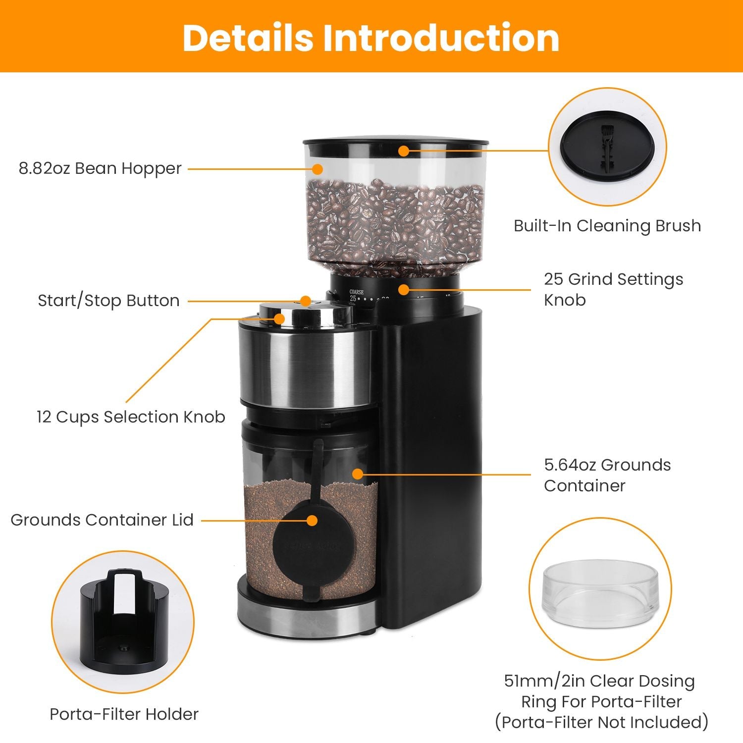 Conical Burr Coffee Grinder Electric Coffee Bean Grinder with 25 Grind Settings 12 Cups Selection for Drip/Percolator/French Press/Espresso/Cold Brew/Pour Over - TJD COFFEE AND TEA