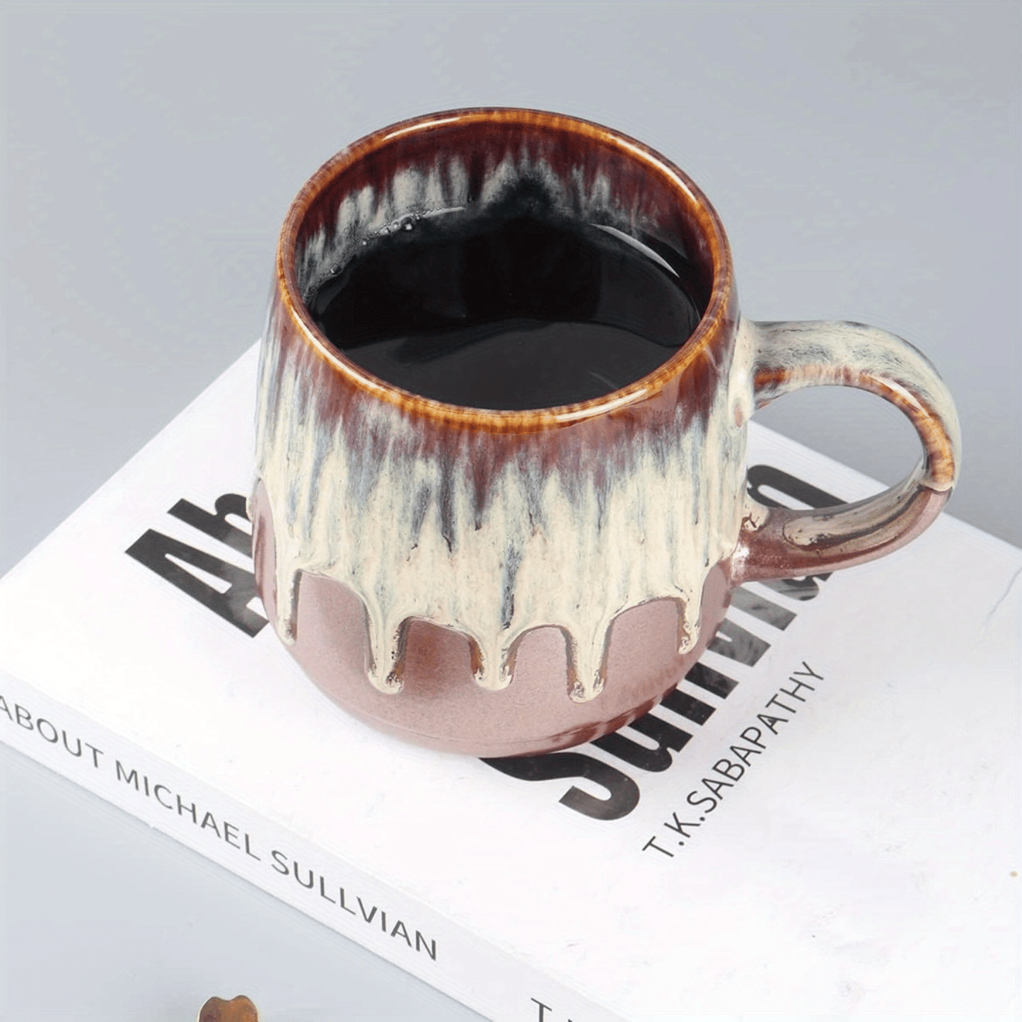 Large Ceramic Coffee Mug, 21 Oz, Gilt Beige Blue Tea Cup for Office and Home, Dishwasher and Microwave Safe - TJD COFFEE AND TEA