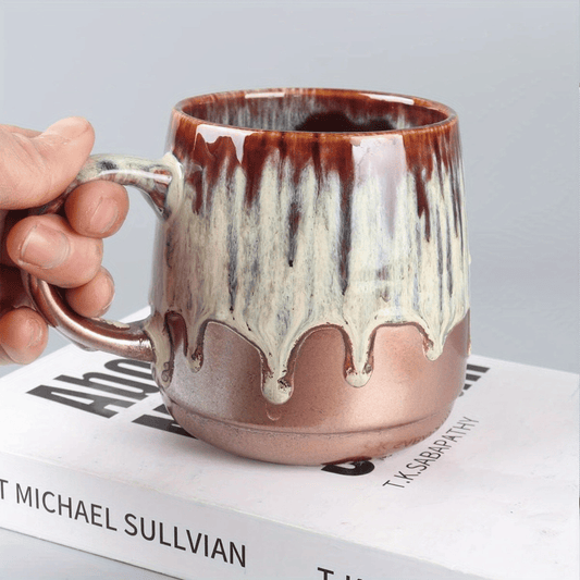 Large Ceramic Coffee Mug, 21 Oz, Gilt Beige Blue Tea Cup for Office and Home, Dishwasher and Microwave Safe - TJD COFFEE AND TEA