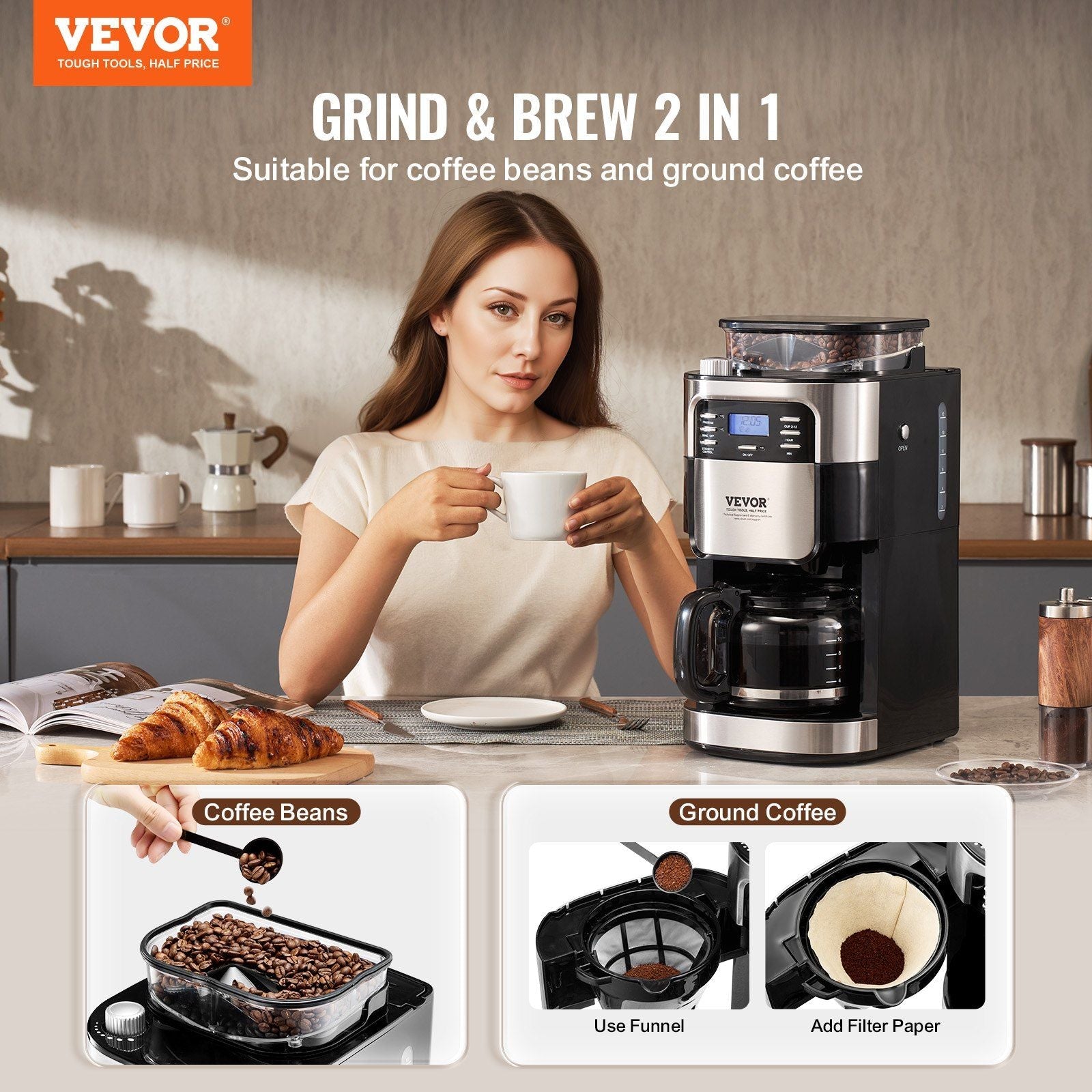 VEVOR 12 - Cup Coffee Maker Drip Coffee Machine with 24 - Hour Timer for Auto Brew - TJD COFFEE AND TEA