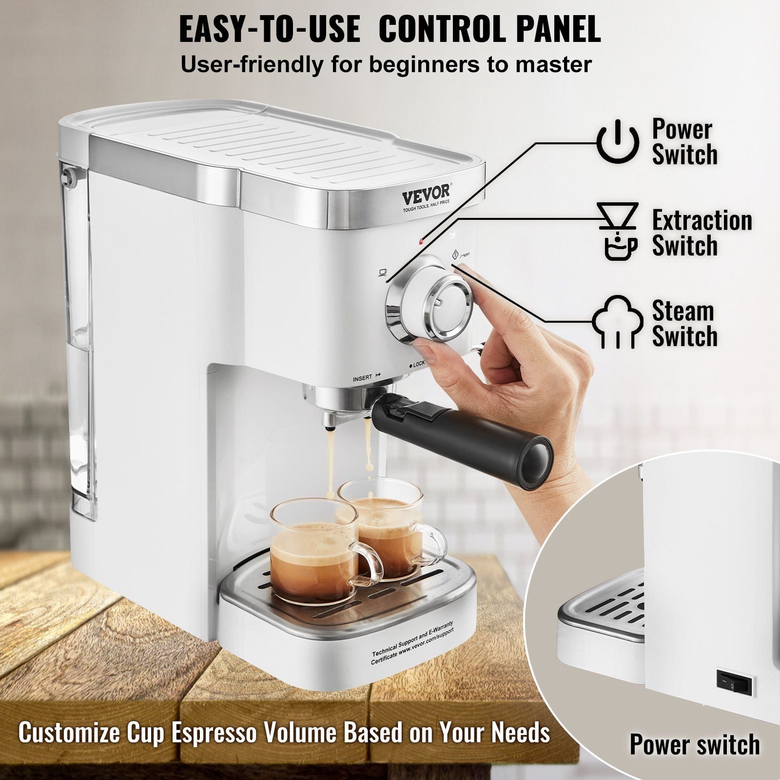 VEVOR Espresso Coffee Machine, 15Bar Semi - Automatic Espresso Maker with Milk Frother Steam Wand, Professional Cappuccino Latte Machine with High - Power Boiler & Removable Water Tank, NTC Control System - TJD COFFEE AND TEA