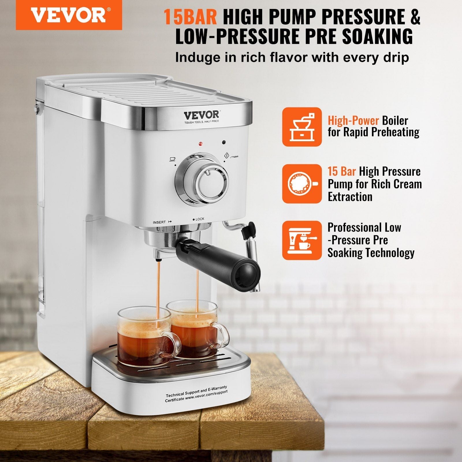 VEVOR Espresso Coffee Machine, 15Bar Semi - Automatic Espresso Maker with Milk Frother Steam Wand, Professional Cappuccino Latte Machine with High - Power Boiler & Removable Water Tank, NTC Control System - TJD COFFEE AND TEA