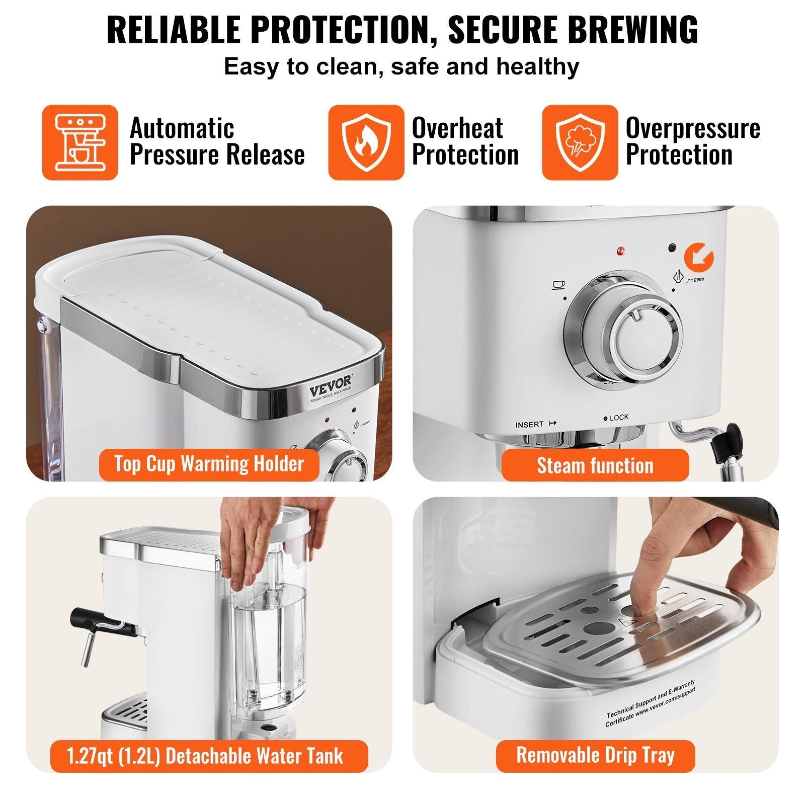 VEVOR Espresso Coffee Machine, 15Bar Semi - Automatic Espresso Maker with Milk Frother Steam Wand, Professional Cappuccino Latte Machine with High - Power Boiler & Removable Water Tank, NTC Control System - TJD COFFEE AND TEA