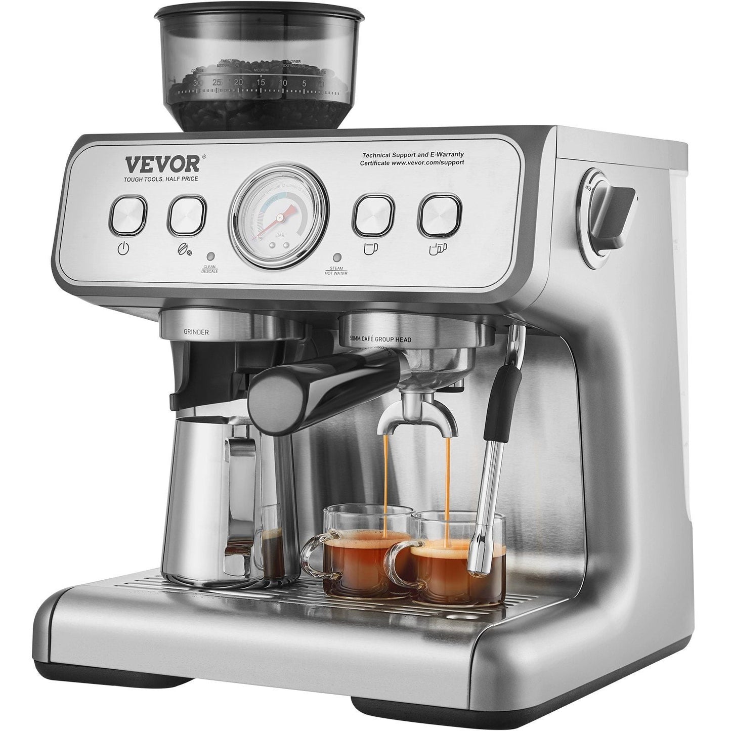 VEVOR Espresso Machine with Grinder, 15 Bar Semi - Automatic Espresso Coffee Maker with Milk Frother Steam Wand, Removable Water Tank & Pressure Gauge for Cappuccino, Latte, Machiato, PID Control System - TJD COFFEE AND TEA