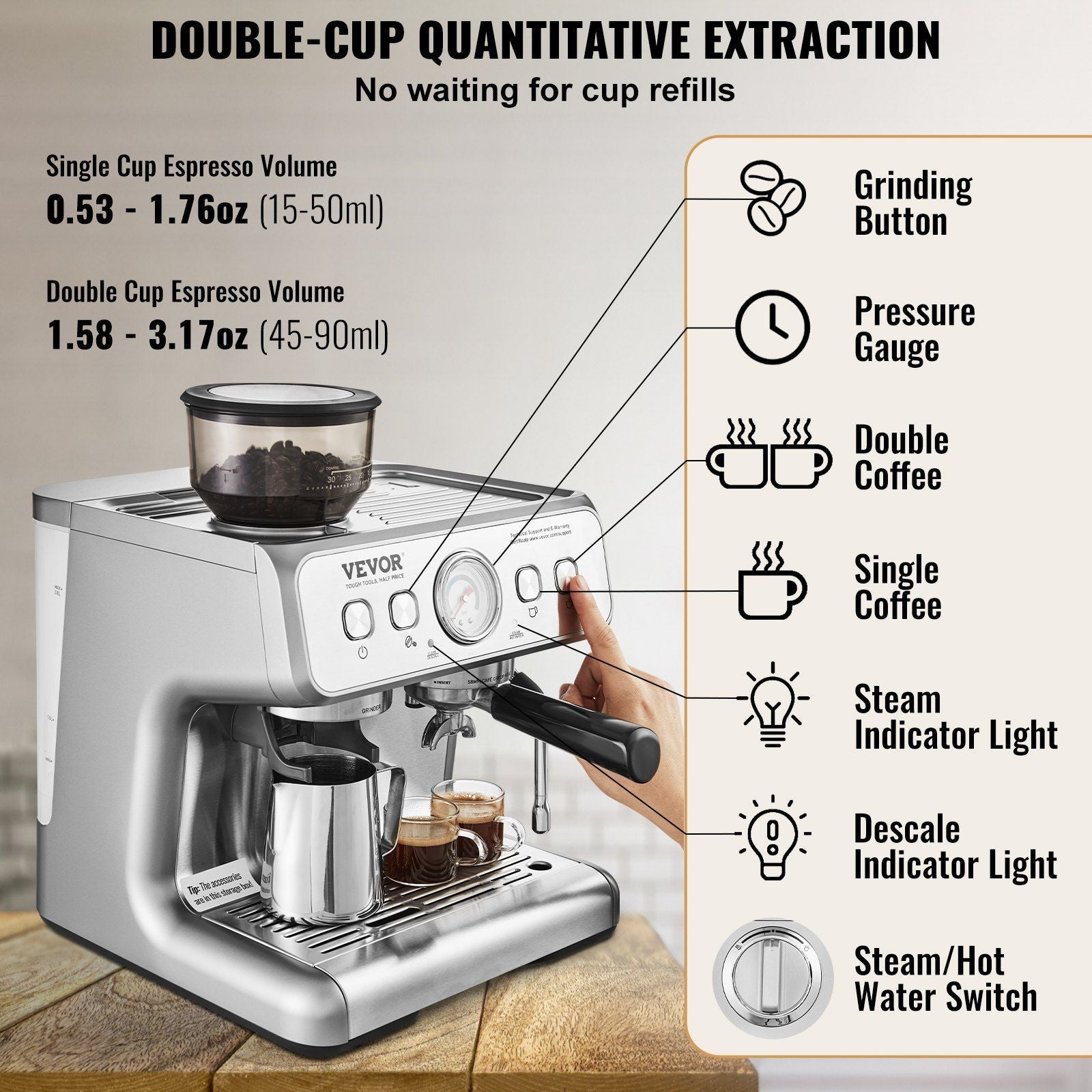 VEVOR Espresso Machine with Grinder, 15 Bar Semi - Automatic Espresso Coffee Maker with Milk Frother Steam Wand, Removable Water Tank & Pressure Gauge for Cappuccino, Latte, Machiato, PID Control System - TJD COFFEE AND TEA