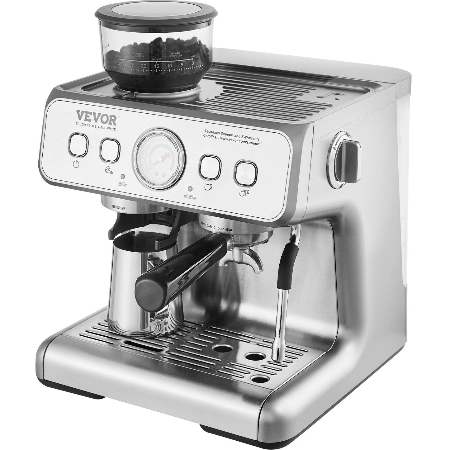 VEVOR Espresso Machine with Grinder, 15 Bar Semi - Automatic Espresso Coffee Maker with Milk Frother Steam Wand, Removable Water Tank & Pressure Gauge for Cappuccino, Latte, Machiato, PID Control System - TJD COFFEE AND TEA