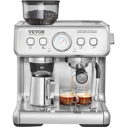 VEVOR Espresso Machine with Grinder, 15 Bar Semi - Automatic Espresso Coffee Maker with Milk Frother Steam Wand, Removable Water Tank & Pressure Gauge for Cappuccino, Latte, Machiato, PID Control System - TJD COFFEE AND TEA