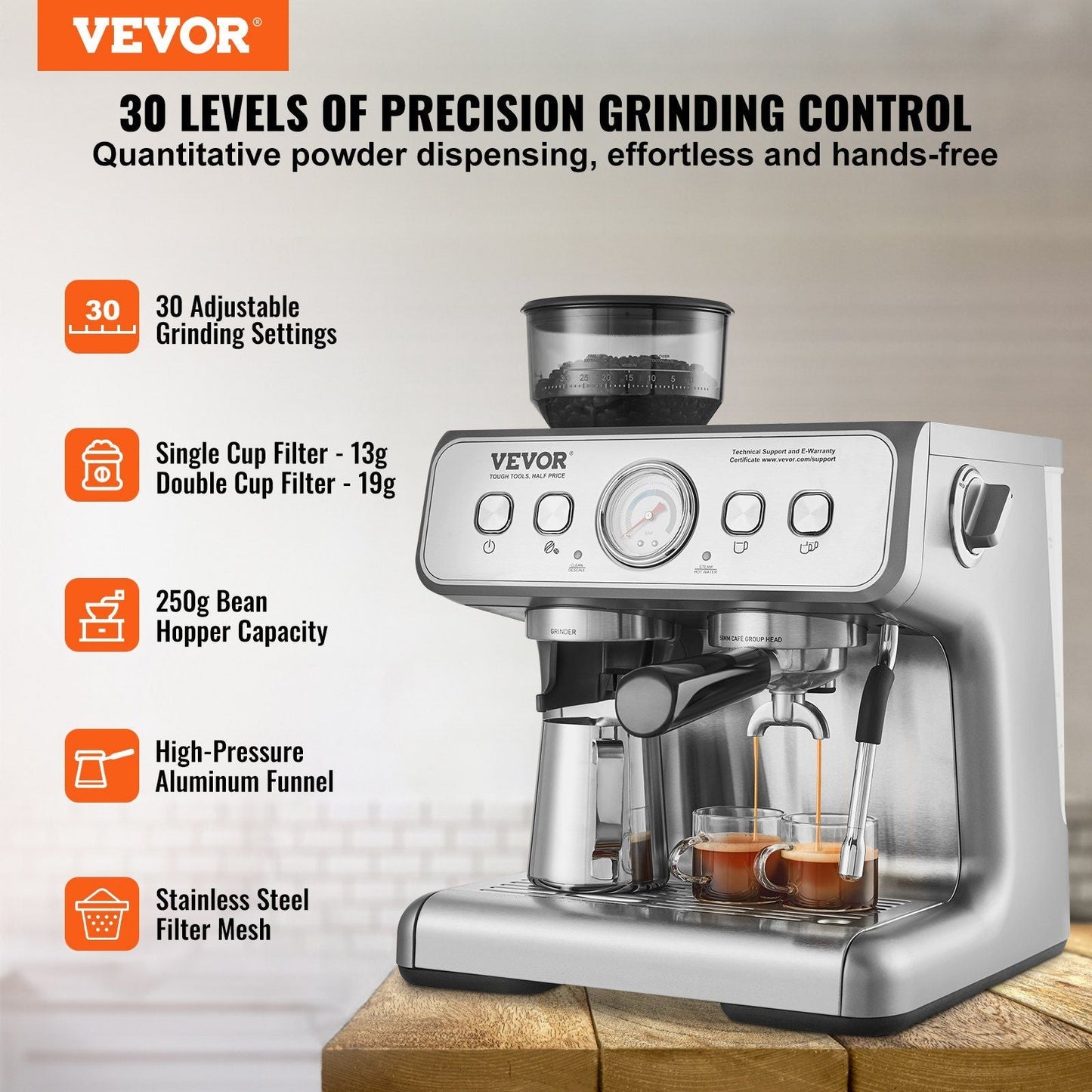 VEVOR Espresso Machine with Grinder, 15 Bar Semi - Automatic Espresso Coffee Maker with Milk Frother Steam Wand, Removable Water Tank & Pressure Gauge for Cappuccino, Latte, Machiato, PID Control System - TJD COFFEE AND TEA