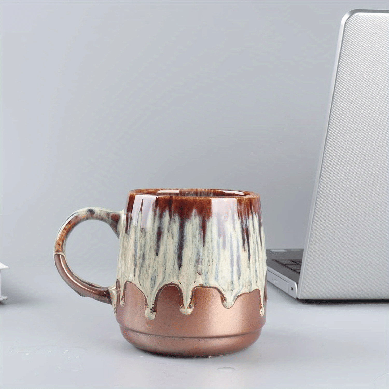 Large Ceramic Coffee Mug, 21 Oz, Gilt Beige Blue Tea Cup for Office and Home, Dishwasher and Microwave Safe - TJD COFFEE AND TEA