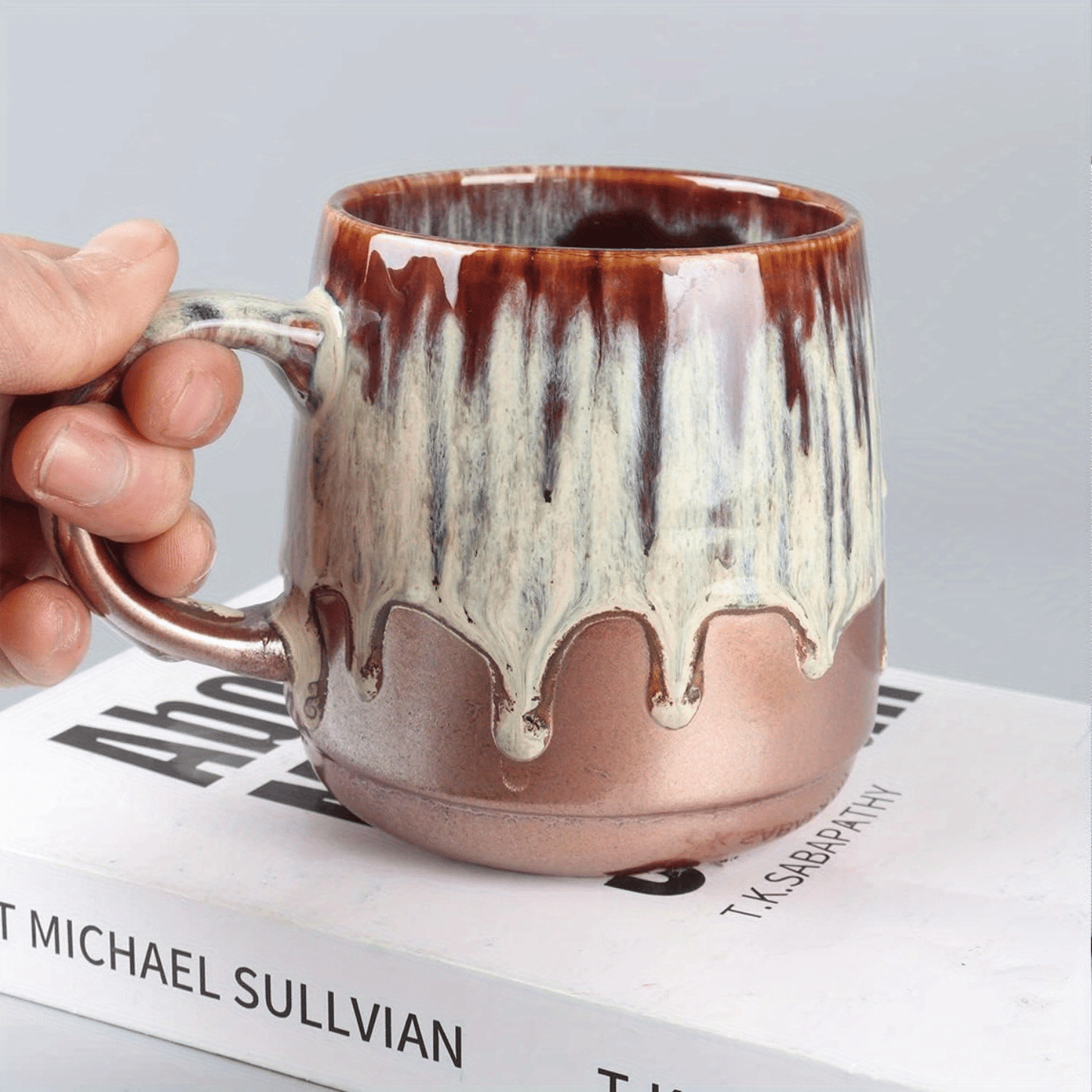 Large Ceramic Coffee Mug, 21 Oz, Gilt Beige Blue Tea Cup for Office and Home, Dishwasher and Microwave Safe - TJD COFFEE AND TEA