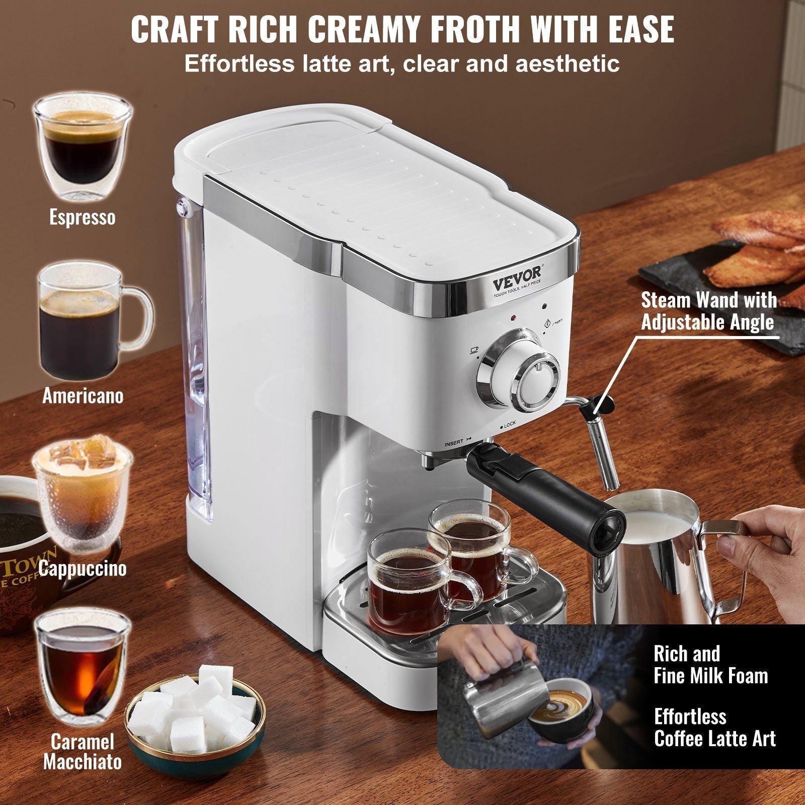 VEVOR Espresso Coffee Machine, 15Bar Semi - Automatic Espresso Maker with Milk Frother Steam Wand, Professional Cappuccino Latte Machine with High - Power Boiler & Removable Water Tank, NTC Control System - TJD COFFEE AND TEA