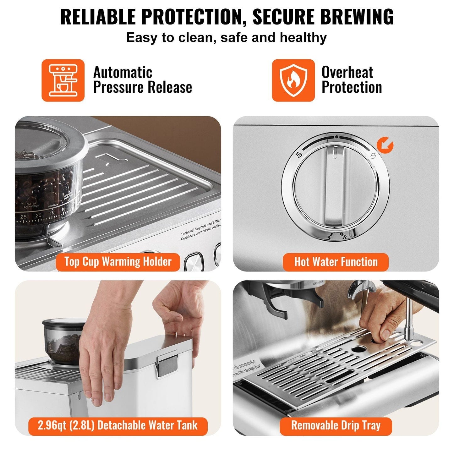 VEVOR Espresso Machine with Grinder, 15 Bar Semi - Automatic Espresso Coffee Maker with Milk Frother Steam Wand, Removable Water Tank & Pressure Gauge for Cappuccino, Latte, Machiato, PID Control System - TJD COFFEE AND TEA