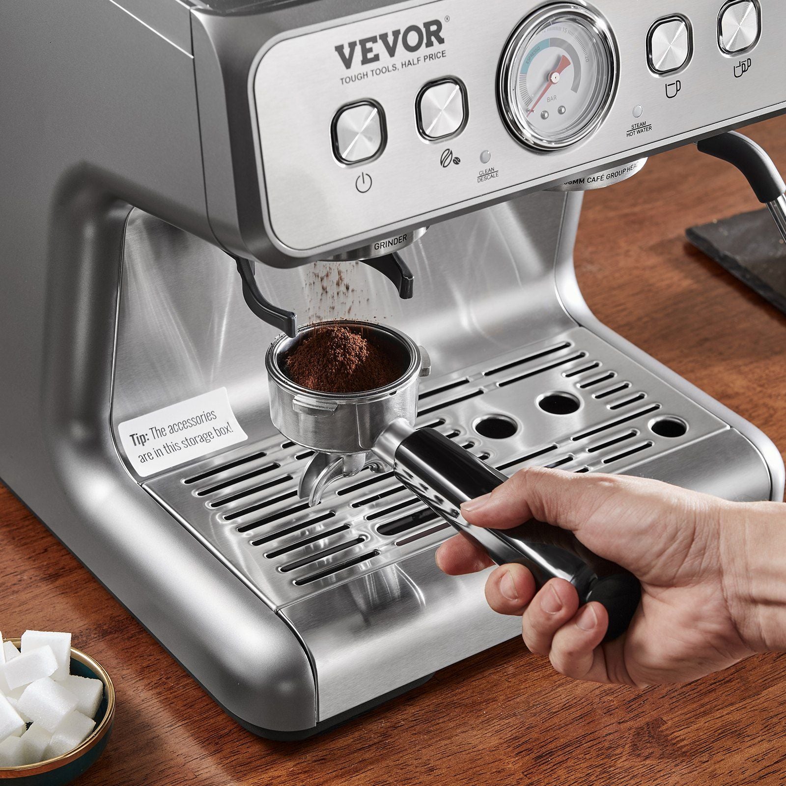 VEVOR Espresso Machine with Grinder, 15 Bar Semi - Automatic Espresso Coffee Maker with Milk Frother Steam Wand, Removable Water Tank & Pressure Gauge for Cappuccino, Latte, Machiato, PID Control System - TJD COFFEE AND TEA
