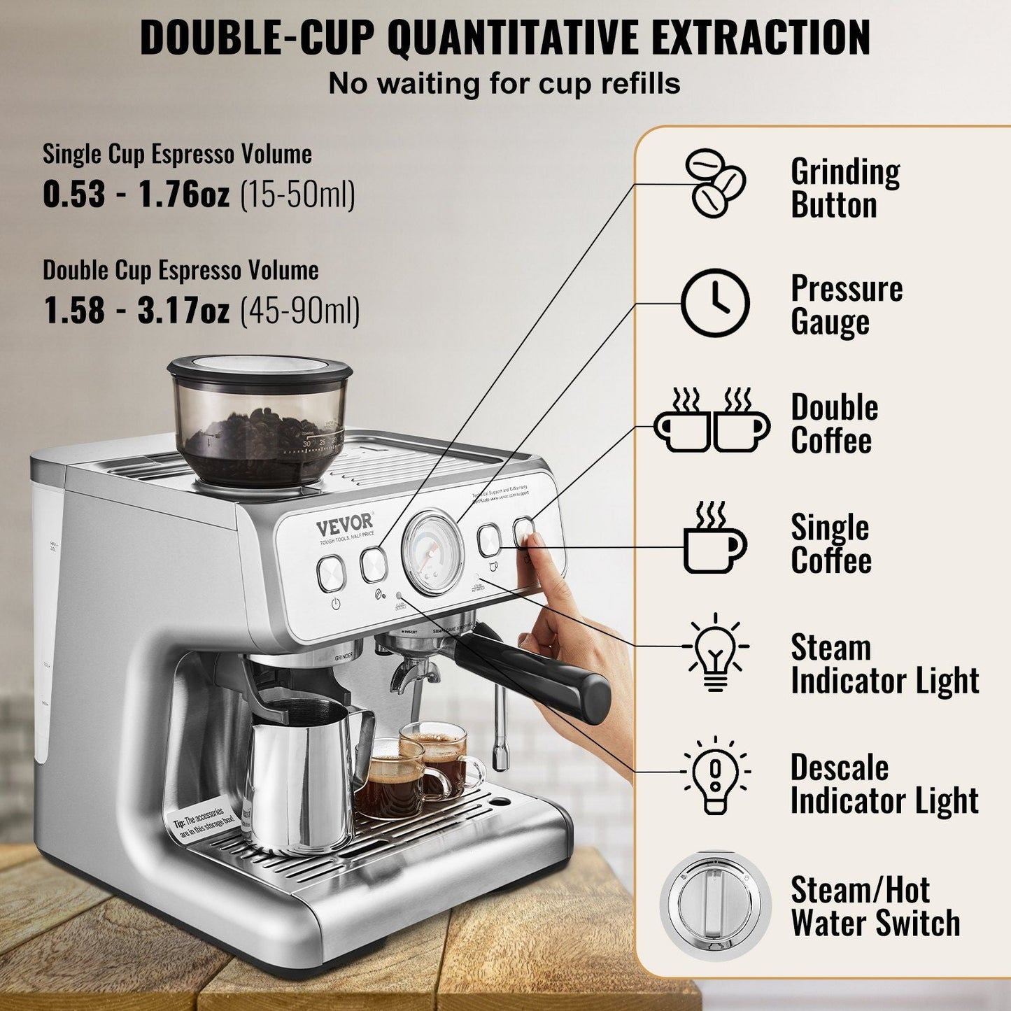 VEVOR Espresso Machine with Grinder, 15 Bar Semi - Automatic Espresso Coffee Maker with Milk Frother Steam Wand, Removable Water Tank & Pressure Gauge for Cappuccino, Latte, Machiato, PID Control System - TJD COFFEE AND TEA