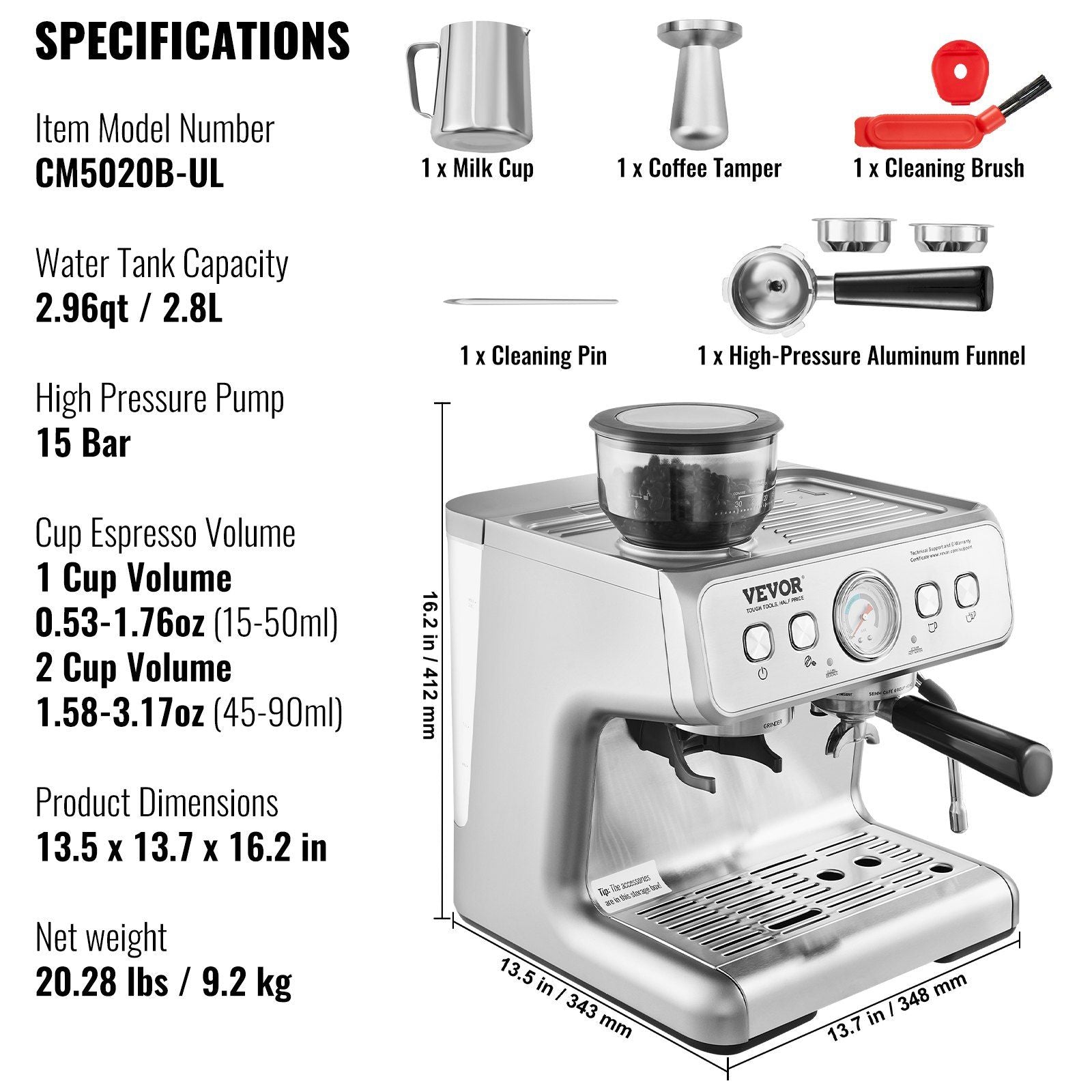 VEVOR Espresso Machine with Grinder, 15 Bar Semi - Automatic Espresso Coffee Maker with Milk Frother Steam Wand, Removable Water Tank & Pressure Gauge for Cappuccino, Latte, Machiato, PID Control System - TJD COFFEE AND TEA