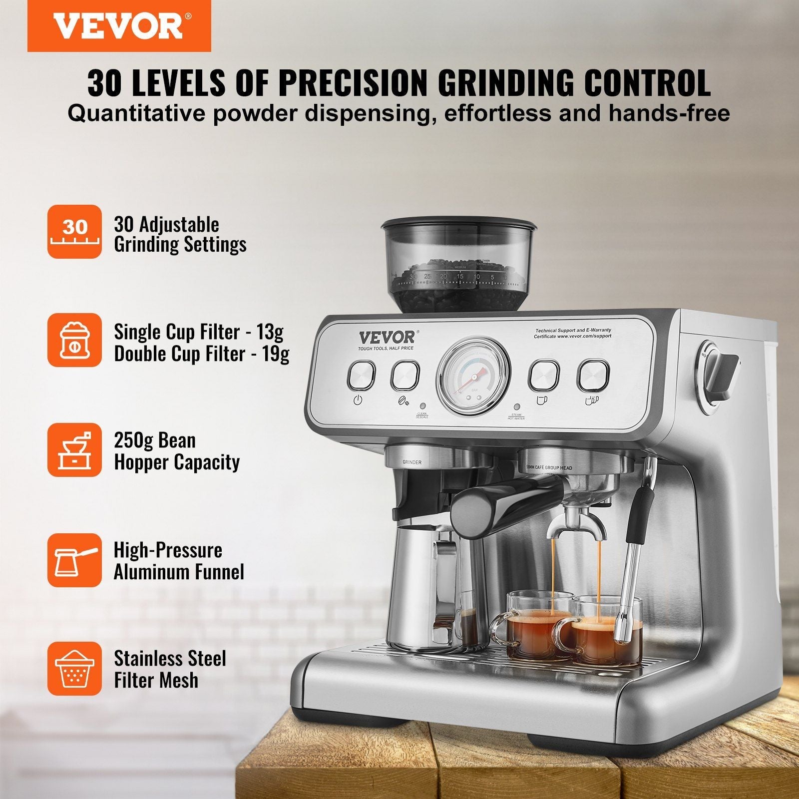 VEVOR Espresso Machine with Grinder, 15 Bar Semi - Automatic Espresso Coffee Maker with Milk Frother Steam Wand, Removable Water Tank & Pressure Gauge for Cappuccino, Latte, Machiato, PID Control System - TJD COFFEE AND TEA
